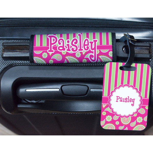 Pink & Green Paisley and Stripes Metal Luggage Tag & Handle Wrap - In Context