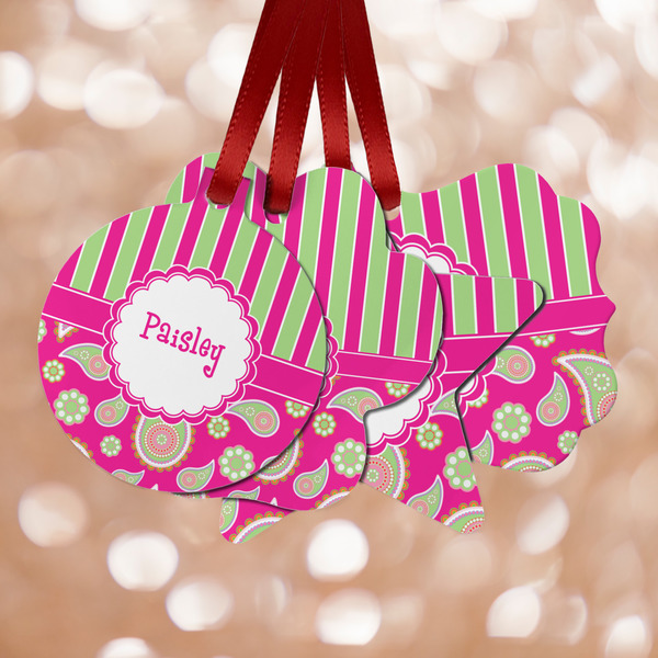 Custom Pink & Green Paisley and Stripes Metal Ornaments - Double Sided w/ Name or Text
