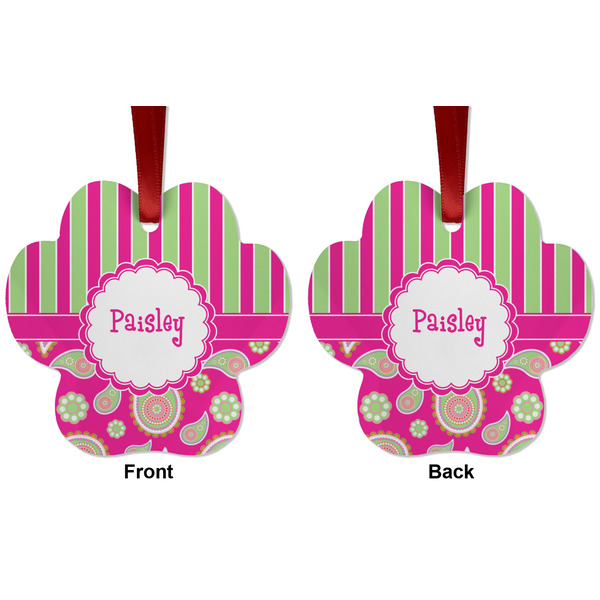 Pink & Green Paisley and Stripes Metal Paw Ornament - Front and Back