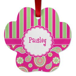 Pink & Green Paisley and Stripes Metal Paw Ornament - Double Sided w/ Name or Text
