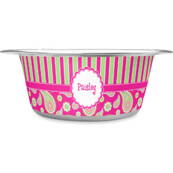 Pink & Green Paisley and Stripes Stainless Steel Dog Bowl (Personalized)