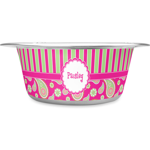 Custom Pink & Green Paisley and Stripes Stainless Steel Dog Bowl (Personalized)