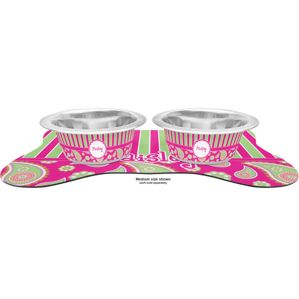 Pink & Green Paisley and Stripes Metal Pet Bowls - On Dog Bone Shaped Mat