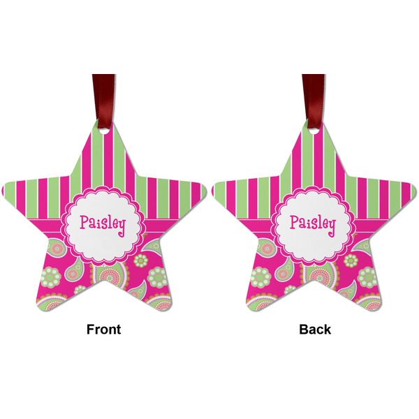 Pink & Green Paisley and Stripes Metal Star Ornament - Front and Back