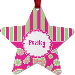 Pink & Green Paisley and Stripes Metal Star Ornament - Double Sided w/ Name or Text