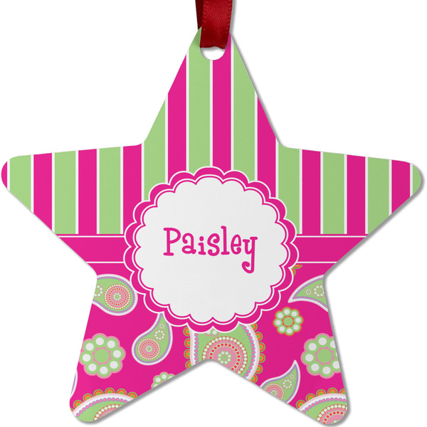 Custom Pink & Green Paisley and Stripes Metal Star Ornament - Double Sided w/ Name or Text