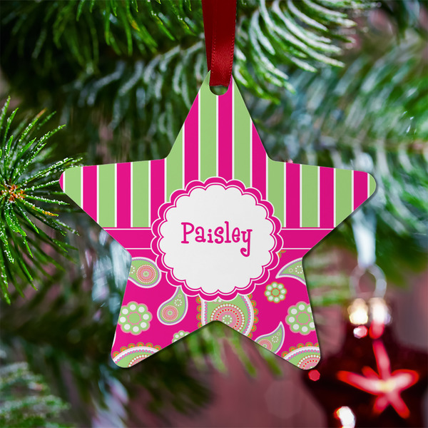 Pink & Green Paisley and Stripes Metal Star Ornament - Lifestyle