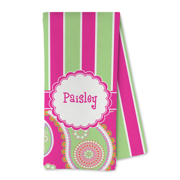 Custom Pink & Green Paisley and Stripes Kitchen Towel - Microfiber (Personalized)