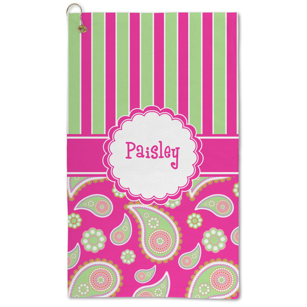 Custom Pink & Green Paisley and Stripes Microfiber Golf Towel - Large (Personalized)