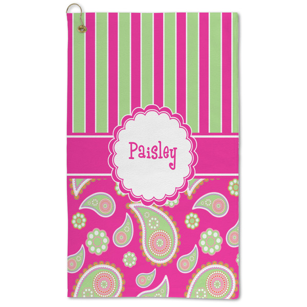 Custom Pink & Green Paisley and Stripes Microfiber Golf Towel - Large (Personalized)