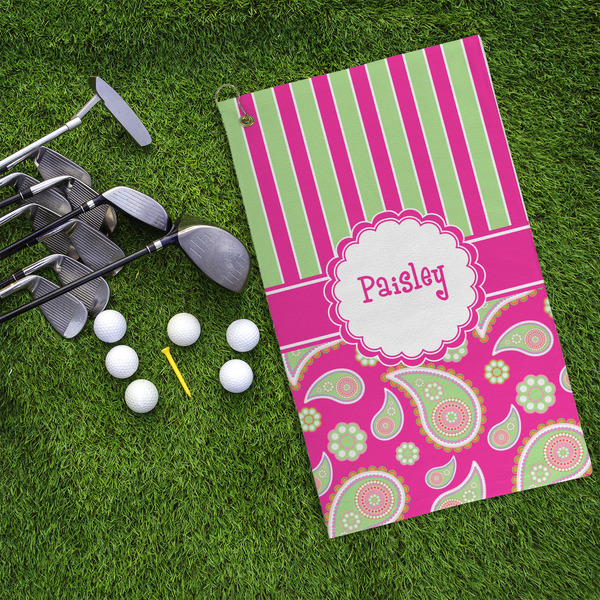Pink & Green Paisley and Stripes Microfiber Golf Towels - LIFESTYLE