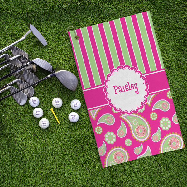 Pink & Green Paisley and Stripes Microfiber Golf Towels - LIFESTYLE