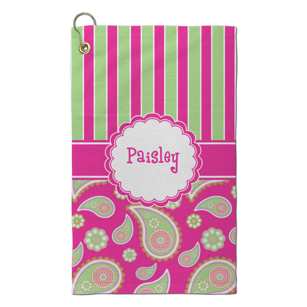 Custom Pink & Green Paisley and Stripes Microfiber Golf Towel - Small (Personalized)