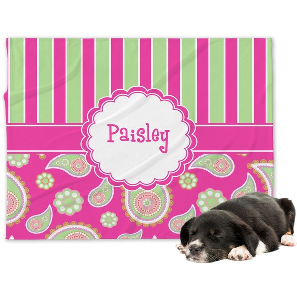 Custom Pink & Green Paisley and Stripes Dog Blanket - Large (Personalized)