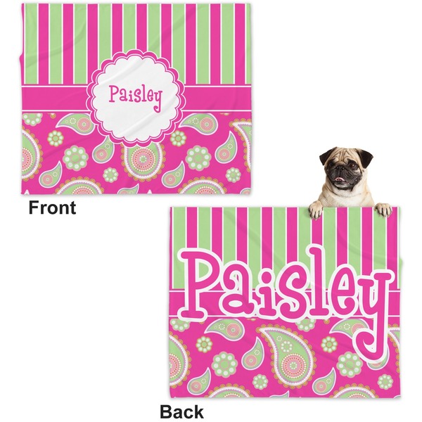 Pink & Green Paisley and Stripes Microfleece Dog Blanket - Large- Front & Back
