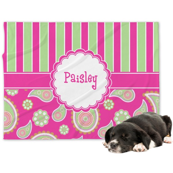 Custom Pink & Green Paisley and Stripes Dog Blanket (Personalized)