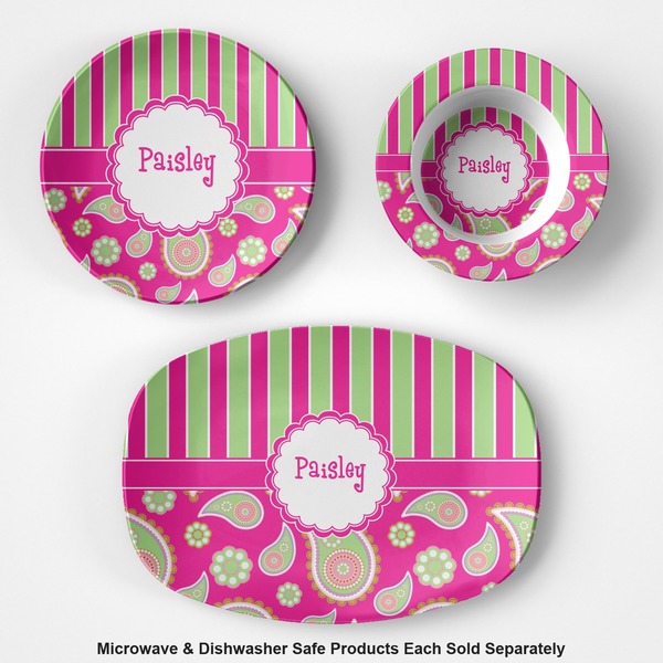 Pink & Green Paisley and Stripes Microwave & Dishwasher Safe CP Plastic Dishware - Group