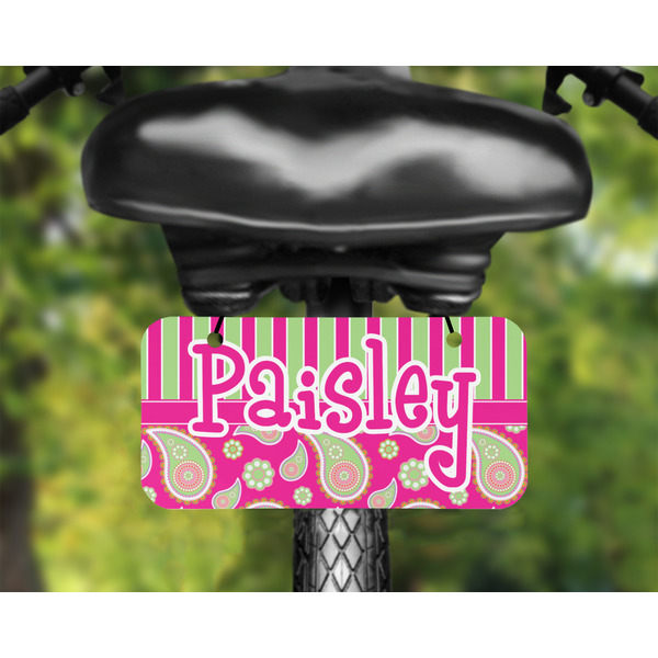 Pink & Green Paisley and Stripes Mini License Plate on Bicycle - LIFESTYLE Two holes