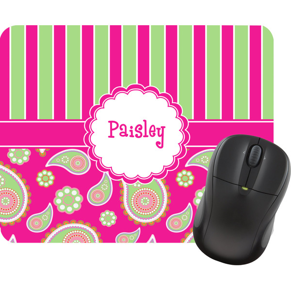 Custom Pink & Green Paisley and Stripes Rectangular Mouse Pad (Personalized)