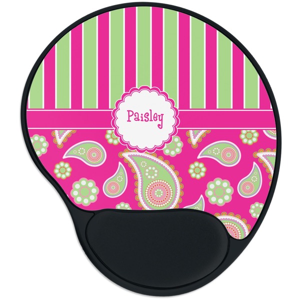 Custom Pink & Green Paisley and Stripes Mouse Pad with Wrist Support