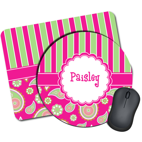 Custom Pink & Green Paisley and Stripes Mouse Pad (Personalized)