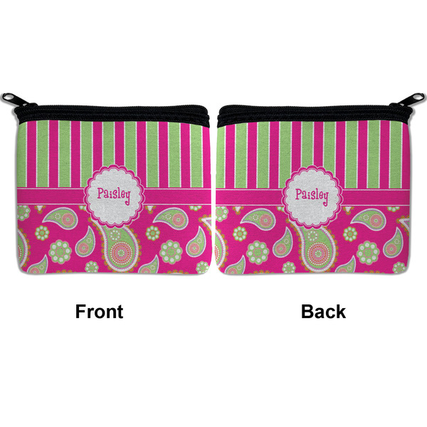 Pink & Green Paisley and Stripes Neoprene Coin Purse - Front & Back (APPROVAL)