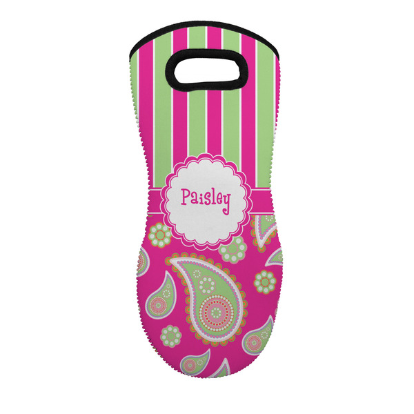 Custom Pink & Green Paisley and Stripes Neoprene Oven Mitt w/ Name or Text