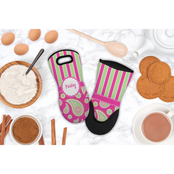 Pink & Green Paisley and Stripes Neoprene Oven Mitt - Lifestyle Image