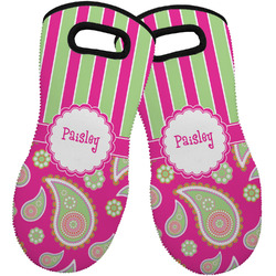 Pink & Green Paisley and Stripes Neoprene Oven Mitts - Set of 2 w/ Name or Text