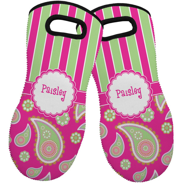Custom Pink & Green Paisley and Stripes Neoprene Oven Mitts - Set of 2 w/ Name or Text