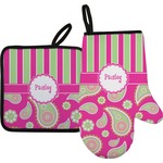 Pink & Green Paisley and Stripes Right Oven Mitt & Pot Holder Set w/ Name or Text
