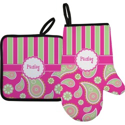 Pink & Green Paisley and Stripes Oven Mitt & Pot Holder Set w/ Name or Text