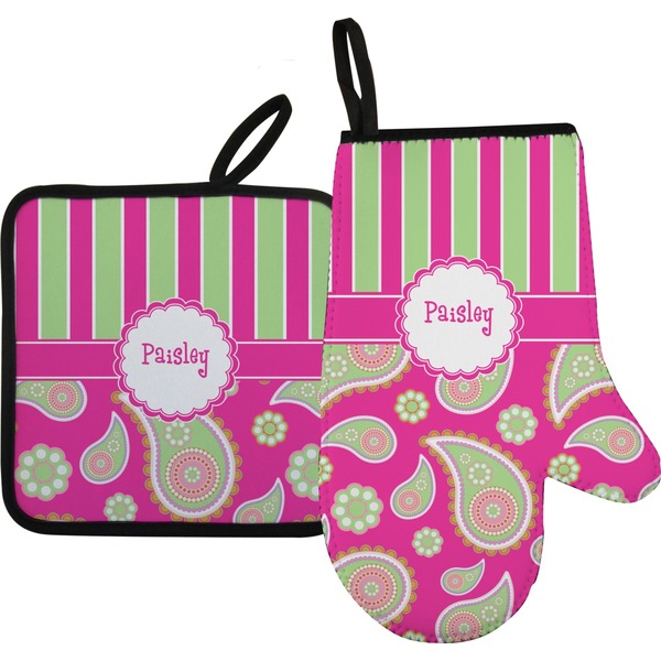 Custom Pink & Green Paisley and Stripes Oven Mitt & Pot Holder Set w/ Name or Text