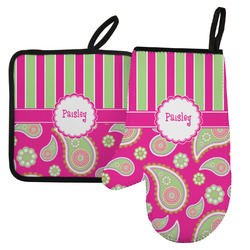 Pink & Green Paisley and Stripes Left Oven Mitt & Pot Holder Set w/ Name or Text