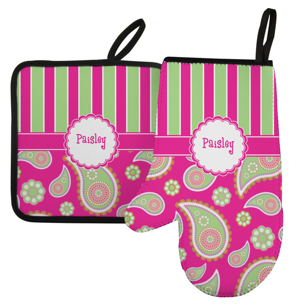Custom Pink & Green Paisley and Stripes Left Oven Mitt & Pot Holder Set w/ Name or Text