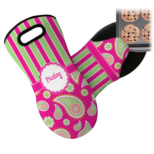 Pink & Green Paisley and Stripes Neoprene Oven Mitt