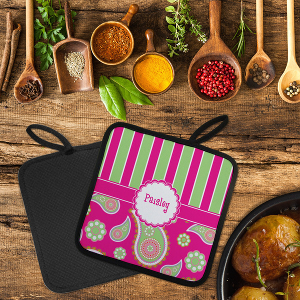 Pink & Green Paisley and Stripes Neoprene Pot Holder - Set of 2  LIFESTYLE (Flatlay)