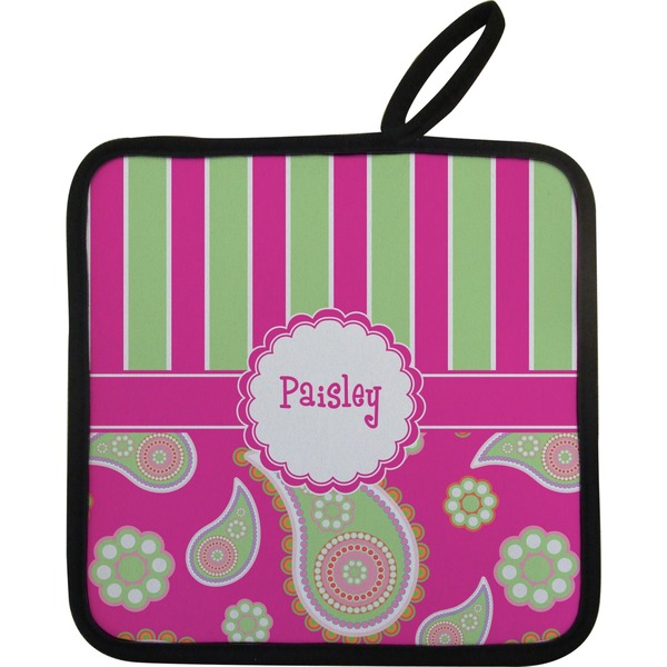 Custom Pink & Green Paisley and Stripes Pot Holder w/ Name or Text