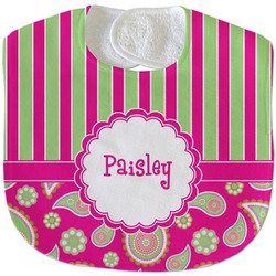 Pink & Green Paisley and Stripes Velour Baby Bib w/ Name or Text