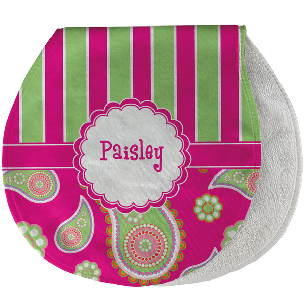 Custom Pink & Green Paisley and Stripes Burp Pad - Velour w/ Name or Text