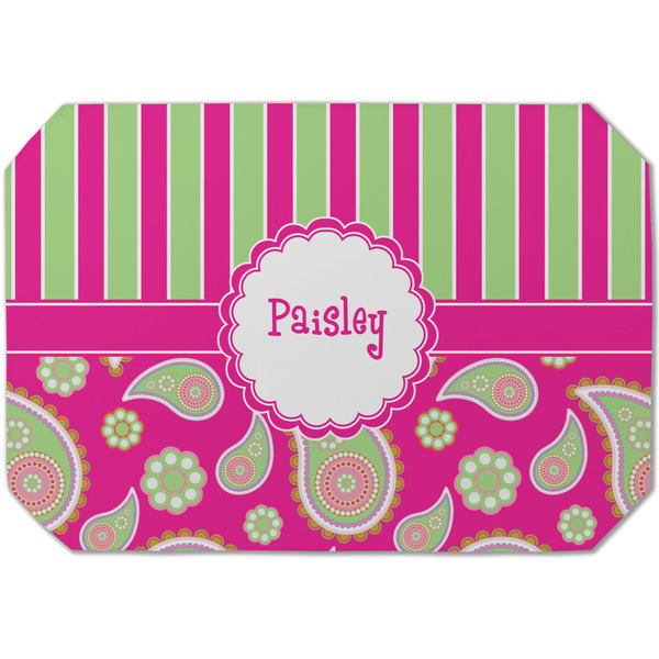 Custom Pink & Green Paisley and Stripes Dining Table Mat - Octagon (Single-Sided) w/ Name or Text
