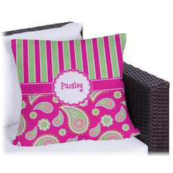 Pink & Green Paisley and Stripes Outdoor Pillow (Personalized)