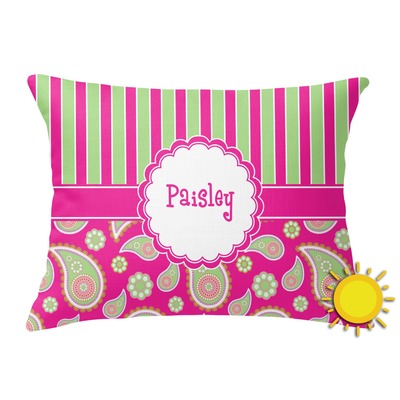 Pink & Green Paisley and Stripes Outdoor Throw Pillow (Rectangular) (Personalized)