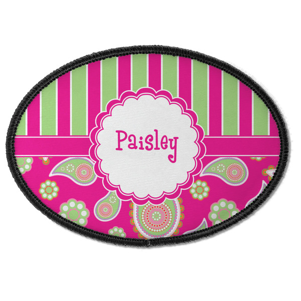 Custom Pink & Green Paisley and Stripes Iron On Oval Patch w/ Name or Text
