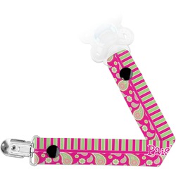 Pink & Green Paisley and Stripes Pacifier Clip (Personalized)