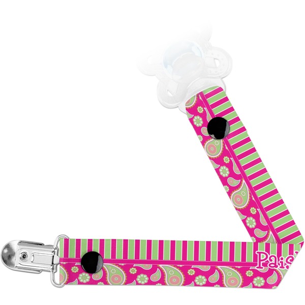 Custom Pink & Green Paisley and Stripes Pacifier Clip (Personalized)