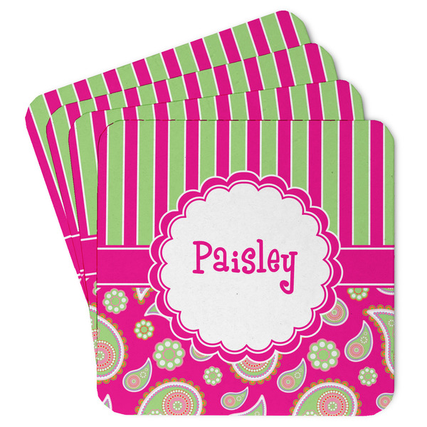 Custom Pink & Green Paisley and Stripes Paper Coasters w/ Name or Text