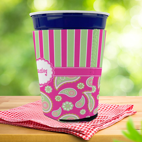 Pink & Green Paisley and Stripes Party Cup Sleeves - with bottom - Lifestyle