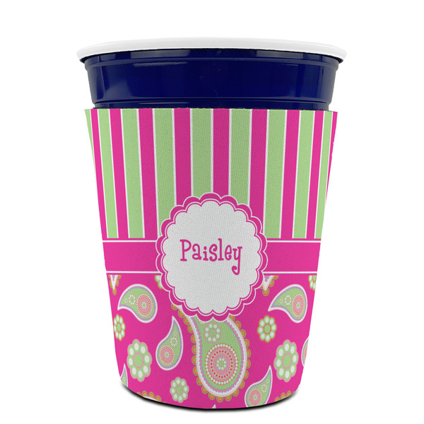 Pink & Green Paisley and Stripes Party Cup Sleeves - without bottom - FRONT (on cup)