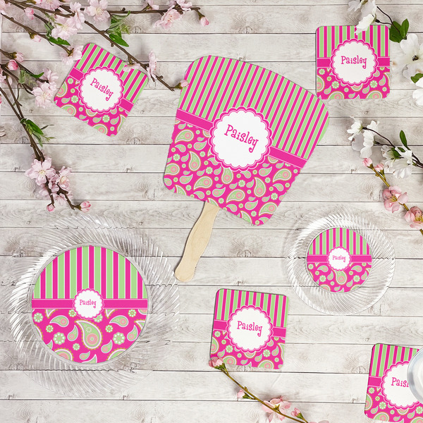 Pink & Green Paisley and Stripes Party Supplies Combination Image - All items - Plates, Coasters, Fans